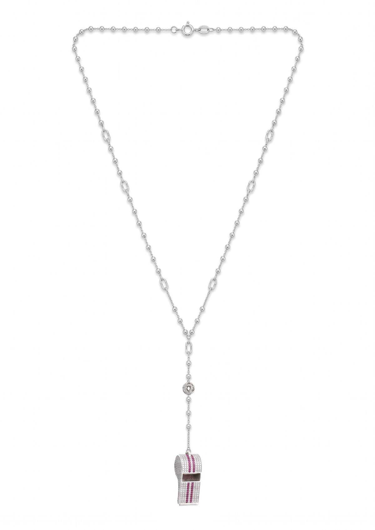Red Stripe Pavé Whistle Y Necklace in Sterling Silver