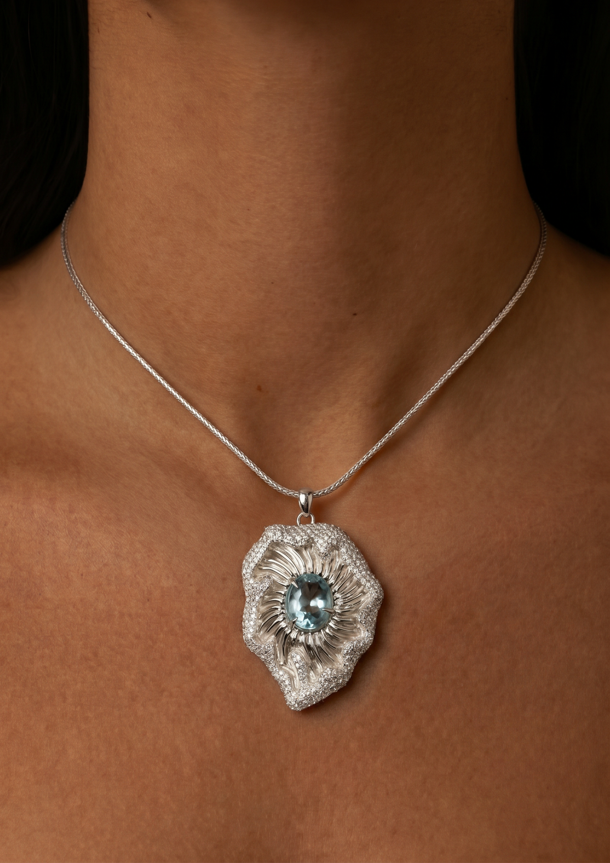 Aquamarine Wave Urchin Necklace in Sterling Silver