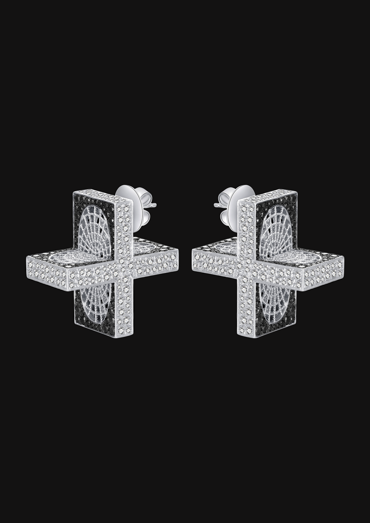Cross Chessboard Filigree Stud Earrings — White in 18K Gold