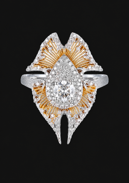 Coral Shell Filigree Diamond Ring in 18K Gold — black background product cover