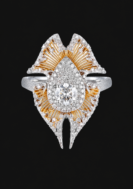 Coral Shell Filigree Diamond Ring in 18K Gold — black background product cover