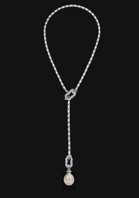Logo Long Pearl Necklace — White in 18K Gold