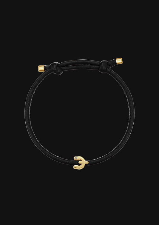 Logo Leather Cord Bracelet — Black in 18K Gold
